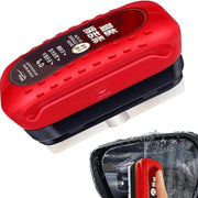 Red and black car window cleaning tool with a close-up of its use on a car windshield.